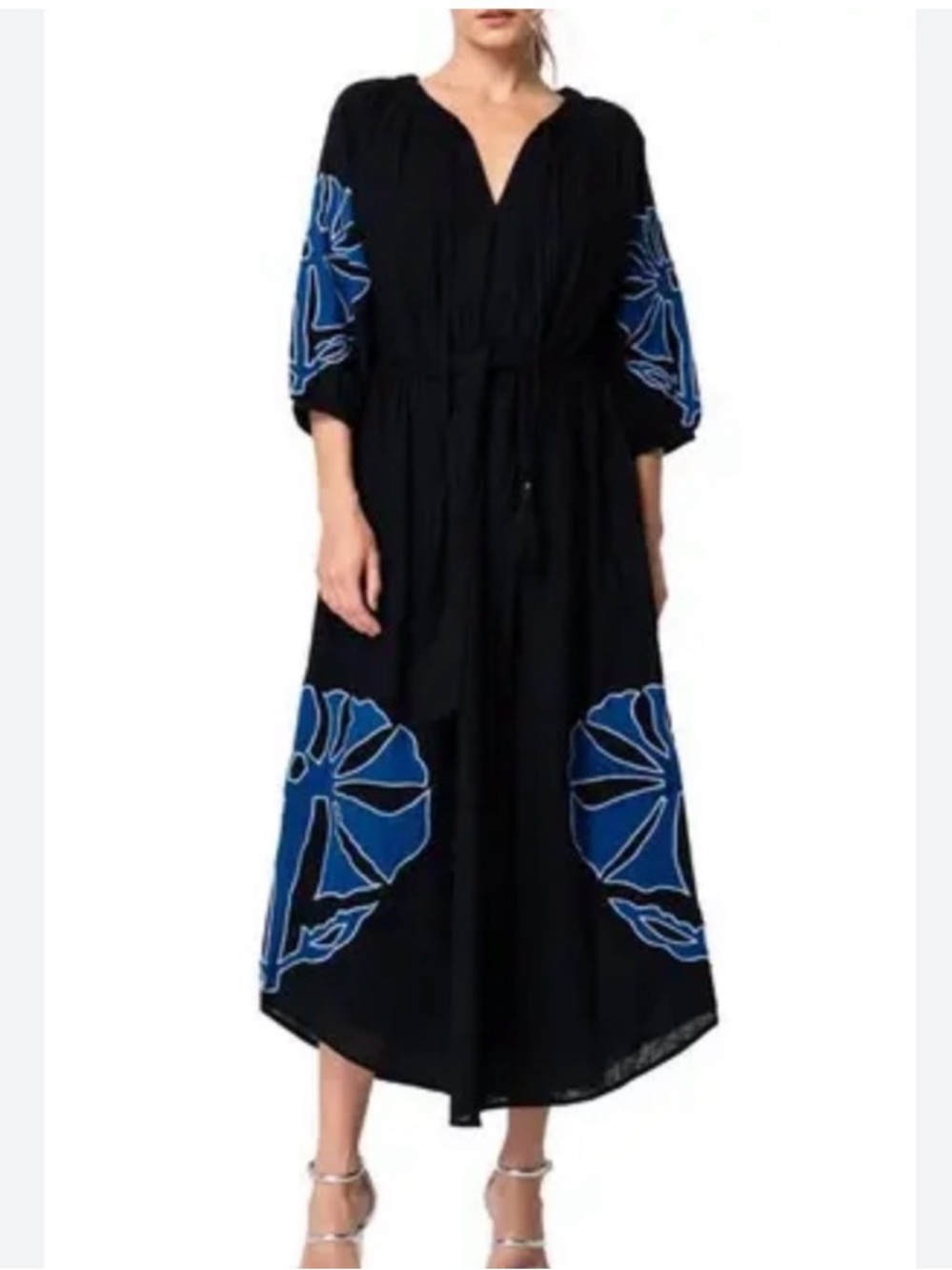 NWT Ciebon Tiana black blue embroidered midi dress sz large - Picture 2 of 12